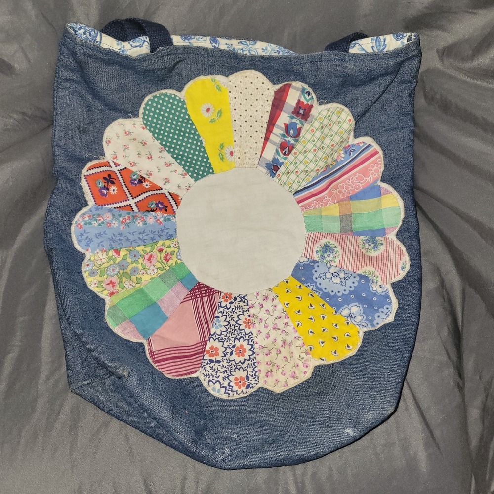 Vintage Handmade Quilted Dresden Plate Flower Denim Tote Bag